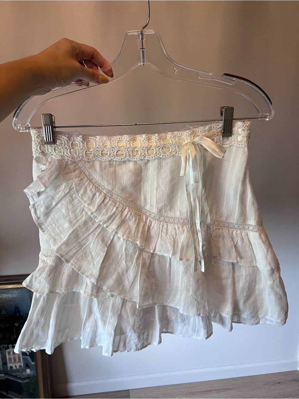 LoveShackFancy White Ruffled Tiered Skirt with Crochet Bow Waist